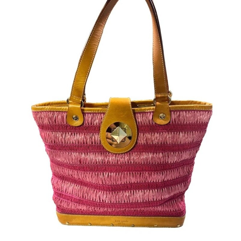 Vintage Kate Spade Pink Striped Raffia Straw Tote Wooden Bottom Turnlock Bag Y2K